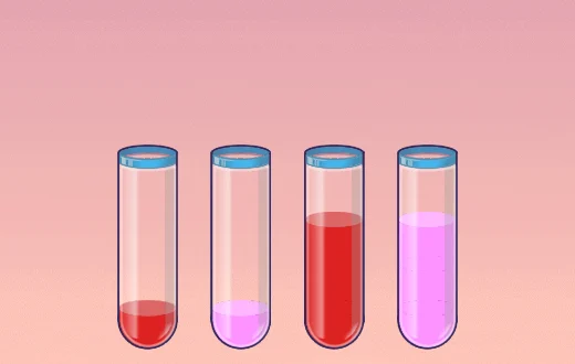 Water Sort stage 1: four glass tubes holding red and pink liquid over a sunset backdrop
