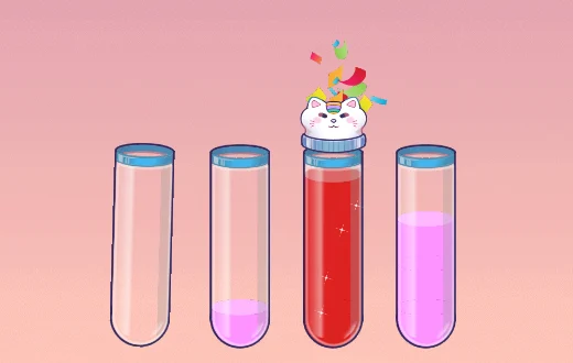 Mid-solve in Water Sort: the reds have been poured together into one tube and a cat pops out of it