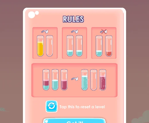 The Water Sort rules card: pour onto the same colour, never onto a different one, and reset a level from the arrow button