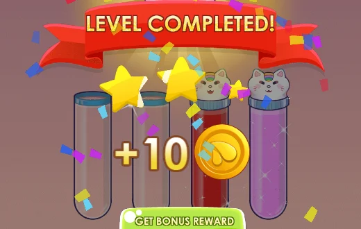 LEVEL COMPLETED banner in Water Sort with three stars and a ten-coin reward
